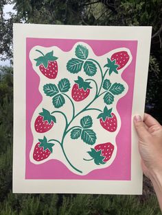 "Strawberry Picnic" This design is inspired by the fresh, joyful feeling of strawberries and of vintage style tablecloths. Each print is a unique piece of art! Artwork is a hand-pressed linocut print made by and copyrighted by me, the artist.  Details:  - Image is on 11x14" paper and will fit in a standard frame without the need for a mat. - Artwork image is 9.5x12" - Each print is unique, the specific prints pictured in the photos are examples. Exact paper and ink colors vary. I typically have Strawberry Linocut, Strawberry Picnic, Lino Cuts, Lino Art, Lino Prints, Handmade Stamps, Amazing Artwork, Paintings Art, Artwork Images