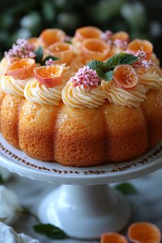 a bundt cake with icing and flowers on top