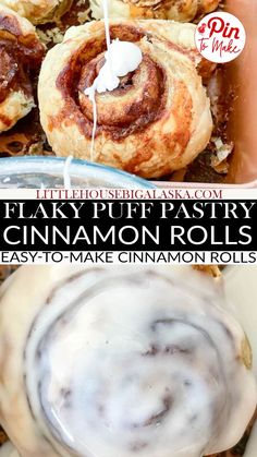 Close-up of freshly baked homemade Easy-to-Make Flaky Puff Pastry Cinnamon Rolls in a baking dish, with white icing being drizzled over them. A glass bowl with extra icing appears in the foreground. The rolls are golden brown and flaky, hinting at their delightful puff pastry texture. Puff Pastry Cinnamon Rolls, Pastry Cinnamon Rolls, Easy Cinnamon Roll Recipe, Gbbo Recipes, Puff Pastry Cinnamon, Make Puff Pastry, Homemade Puff Pastry, Easy Cinnamon Rolls Recipe