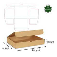 an open cardboard box with measurements for the top and bottom section, showing how to fold it