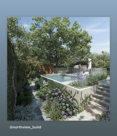 an artist's rendering of a pool surrounded by flowers and trees