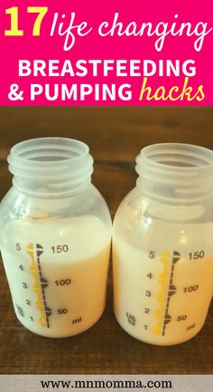 two baby bottles filled with breastfeeding and pumping hacks