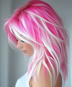 Coloured Highlights Blonde Hair, Pink Rainbow Hair, Hot Pink Highlights In Blonde Hair, Hot Pink And Blonde Hair, Crazy Haircolors, Pink And Blue Hair Ideas, Interesting Hair Color, Hair With Platinum Highlights, Blonde Hair With Dark Underneath