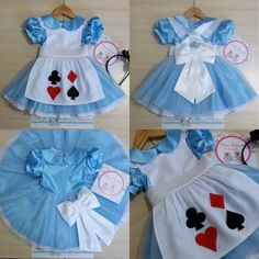 four pictures of dresses made to look like children's playing card suits and shoes