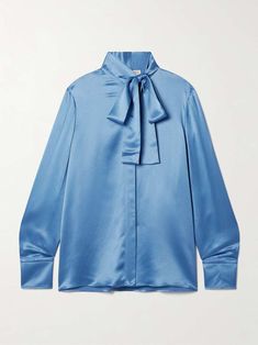 VALENTINO GARAVANI Pussy-bow silk-satin shirt | NET-A-PORTER Money Fashion, College Outfit, Flat Dress Shoes, Designer Outfits, Sport Swimwear, Satin Shirt, Bow Ties, High Neckline