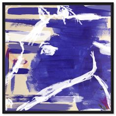 an abstract painting with blue and white paint strokes on the bottom half of the image