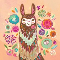 an illustration of a llama surrounded by flowers