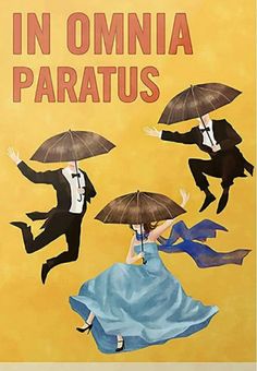 a painting of people jumping in the air with umbrellas over their heads, and text reading in omnia paratus