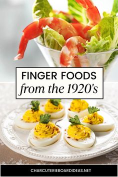 finger foods from the 1920's on a plate with lettuce and shrimp