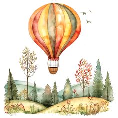 a watercolor painting of a hot air balloon in the sky above trees and hills