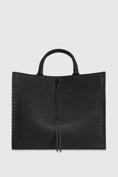 Darren Tote - Black - Rebecca Minkoff Black Satchel With Rolled Handles For Shopping, Black Tote Satchel With Rolled Handles, Chic Black Satchel With Rolled Handles, Black Satchel With Rolled Handles For Everyday, Everyday Black Satchel With Rolled Handles, Black Textured Leather Satchel For Errands, Leather Bags With Rolled Handles For Errands, Black Shellac, Riding Bag