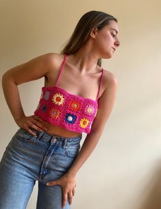 Handmade flower crochet top. This hot pink crochet top is Made by colorful and very soft pure cotton, with comfortable solid spaghetti straps, square neckline and back. This granny square daisy top has the perfect color combination besides it fits perfectly to your body due to the cotton is made of. WHICH IS MY SIZE? In order to know which is the perfect size for you, you just have to measure your chest . Below, you can find the measurements referred to every size: Size XS: 76 cm/ 29,5 in. Size Hot Pink Crochet Top, Flower Crochet Top, Crochet Poncho Patterns Easy, Sunflower Crop Top, Hot Pink Crochet, Pink Crochet Top, Granny Square Top, Crop Top Knit, Boho Lace Top