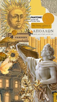 an altered collage with images and words about the sun, money, and other things