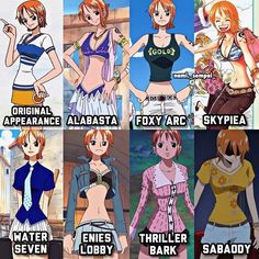 some anime characters with different names in their shirts and shorts, one has an orange hair