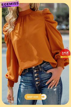 Fashion Elegant Solid Fold Strap Design Half A Turtleneck Tops Statement Sleeves Blouse, Puff Sleeves Blouse, Statement Sleeves, Mini Robes, Puff Sleeve Blouse, Long Sleeve Casual, High Collar, Elegant Fashion, Chiffon Tops