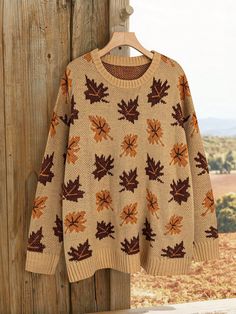 Plus Size Women Leaf Pattern Round Neck Long Sleeve Casual Loose Pullover Sweater For Autumn/Winter Yellow Casual  Long Sleeve Knitwear Plants Pullovers Slight Stretch  Women Plus Clothing, size features are:Bust: ,Length: ,Sleeve Length: