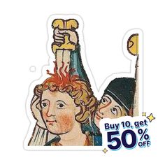 a sticker with an image of two people holding up a torch and the words buy 10 get 50 % off