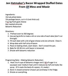 the instructions for how to bake bacon wrapped stuffed dates from @ meas and moxe