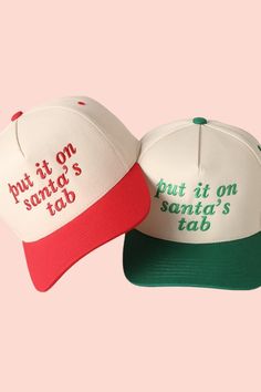 Put It On Santa's Tab🎅Vintage Embroidered Trucker Hat Available in Red & Green. ✨THE DETAILS✨ - Fun Text Embroidery - 5 Panel Canvas Baseball Cap - 100% Cotton - Adjustable Buckle Closure *One Size Fits All - Adjustable Strap Makes Fit Comfortable.* Text Embroidery, Vintage Trucker Hat, Christmas Hats, Vintage Trucker Hats, Fun Texts, Christmas Hat, Vintage Santas, Trucker Cap, Red Green