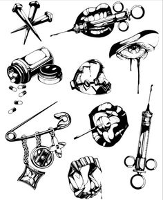 an ink drawing of different types of medical equipment