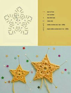 two crocheted stars are next to each other on the same page, and one is