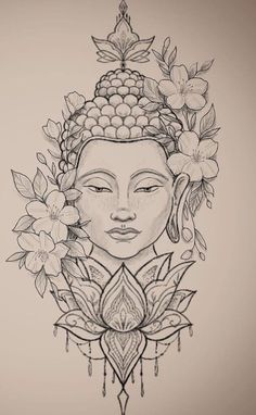 a drawing of a buddha with flowers in her hair