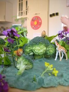 there is a toy giraffe and some broccoli on the counter top