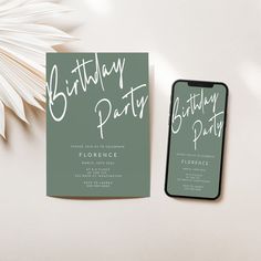 a green birthday party card next to a phone