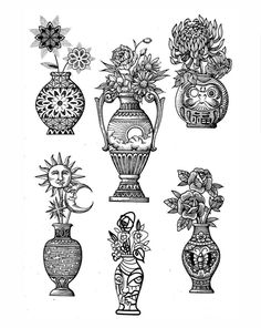 black and white drawing of vases with flowers in them