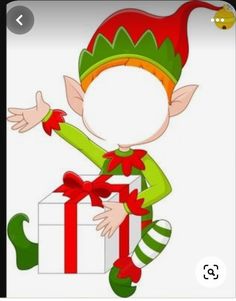 a cartoon elf holding a gift box with both hands and wearing a green striped hat