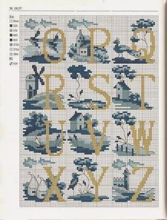 a cross stitch pattern with letters and houses