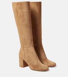 Suede Knee High Boots in Beige - Gianvito Rossi | Mytheresa Luxury Suede Knee-high Heeled Boots, Elegant Knee-high Boots With Suede Lining And Round Toe, Suede Knee-high Heeled Boots With Leather Sole, Knee-high Heeled Boots In Calf Leather With Suede Lining, Luxury Knee-high Suede Boots, Light Brown Boots, Suede Knee High Boots, Beige Boots, Mid Heel Boots