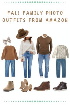 an advertisement for the fall family photo outfits from amazon, including boots and sweaters