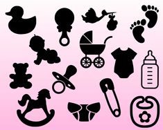 the silhouettes of baby items are shown on a pink background