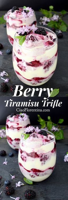 berry trifle with whipped cream and fresh berries in the middle, served in small glasses