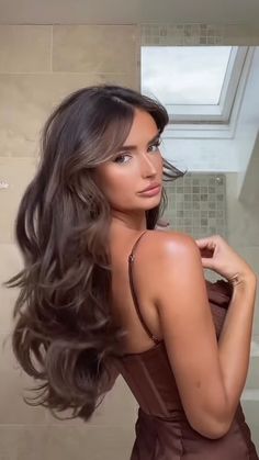 Long Brown Hair Prom Hairstyles, Hair For Occasions, Blowout Inspo Long Hair, Blowout For Prom, Blowout Hairstyles For Wedding, Long Brown Blowout, Blowout Hair Long Brown, Brunette Color 2023, Blown Back Hair