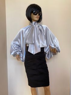 "This is a very stylish Womens Satin blouse. It is comfortable and cozy. Made for a free flowing fit. Great for all year around and for any special occasion or casual day can be dressed up or dressed down. SIZE CHART SIZE S - US 6, UK 8, EU 36 bust: bust around 34.5\"/90cm Waist: waist around 27.5\"/70cm Hips: hips around 34.5\"/90cm SIZE M - US 8, UK 10, EU 38 bust: bust around 37.5\"/95cm Waist: waist around 29.5\"/75cm Hips: hips around 37.5\"/95cm SIZE L - US 10, UK 12, EU 40 bust: bust arou Party Blouse With Gathered Balloon Sleeves, Party Blouse With Lantern Sleeves For Fall, Party Tops With Balloon Gathered Sleeves, Party Tops With Gathered Balloon Sleeves, Elegant Blouse With Gathered Sleeves For Night Out, Chic Party Tops With Lantern Sleeves, Elegant Fitted Tops With Tie Sleeves, Chic Blouse With Gathered Sleeves For Night Out, Lantern Sleeve Blouse For Fall Party