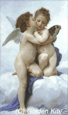 two cherubs are hugging on top of a cloud