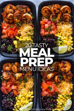 four meal prep meals in plastic containers with text overlay that reads 20 tasty meal prep menu ideas