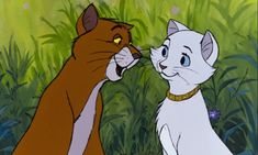 an animated image of two cats facing each other in front of green grass and flowers