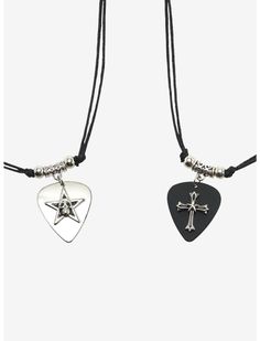 two necklaces with different designs on them, one is black and the other is white