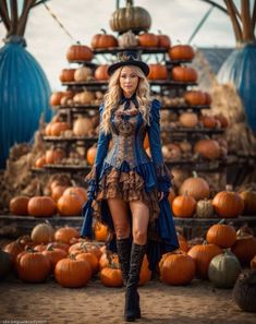 a woman standing in front of many pumpkins