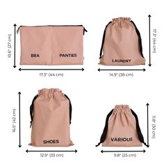 three different types of bags with measurements for the size and width, including one in pink