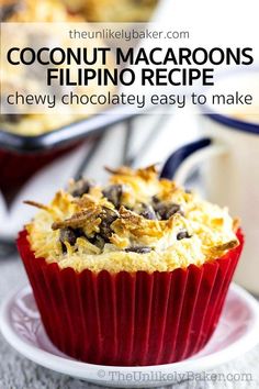 a close up of a muffin on a plate with the words coconut macaroons flip into recipe