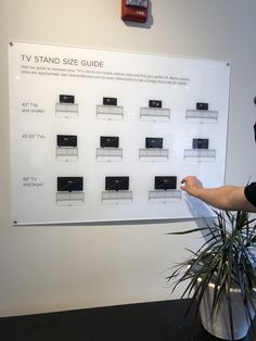 a man pointing to a tv stand size guide on a white board in front of a potted plant