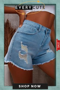 Frayed Hem Denim Shorts Ripped Short Jeans For Beach, Distressed Denim Bottoms For Beach, Distressed Denim Beach Bottoms, Casual Ripped Bottoms For Beach, Beach Short Jeans With Frayed Hem, Casual Distressed Jeans For Beach, Beach-style Short Jeans With Frayed Hem, Ripped High Waist Summer Jeans, Short Jeans With Pockets For The Beach