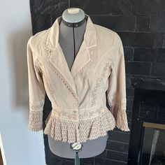 Buttons Up At The Bottom. Has Very Pretty Embroidered Detail. Light Tan Color. In Excellent Condition. New With Tags. Embroidered Fitted Cotton Blazer, Fitted Cream Embroidered Outerwear, Fitted Embroidered Beige Outerwear, Fitted Beige Embroidered Outerwear, Reflective Jacket, Serena Van, Satin Blazer, Calvin Klein Red, Purple Jacket