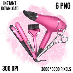 a pink hair dryer, comb and scissors on a white background with the words instant download