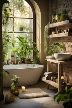 a bath tub sitting next to a window filled with potted plants and greenery