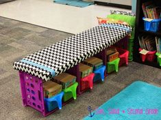 a bench made out of legos and some sort of bookshelf for storage